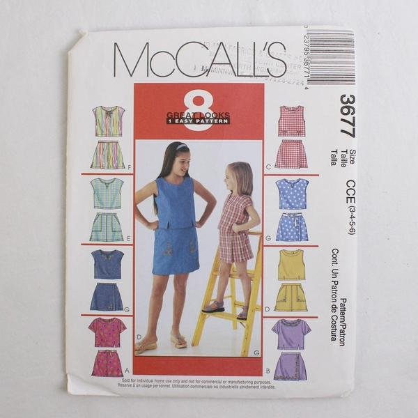 McCall's 3677 Tops & Skorts Patterns Childs/Girls Size CCE (3-4, 5-6) 2002