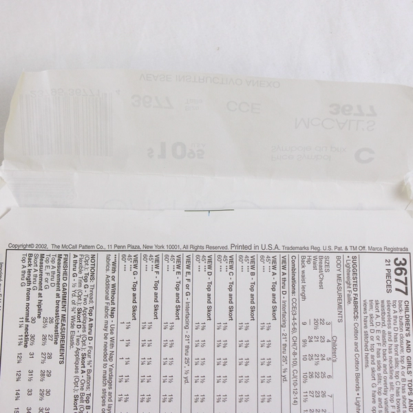 McCall's 3677 Tops & Skorts Patterns Childs/Girls Size CCE (3-4, 5-6) 2002