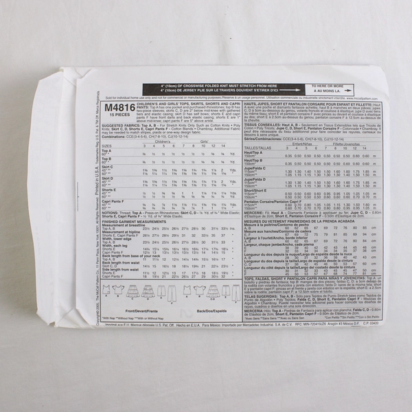 McCall's M4816 Tops & Bottoms Patterns Childs/Girls Size CCE (3-4, 5-6) 2005