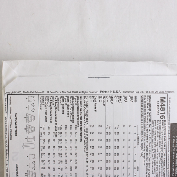 McCall's M4816 Tops & Bottoms Patterns Childs/Girls Size CCE (3-4, 5-6) 2005