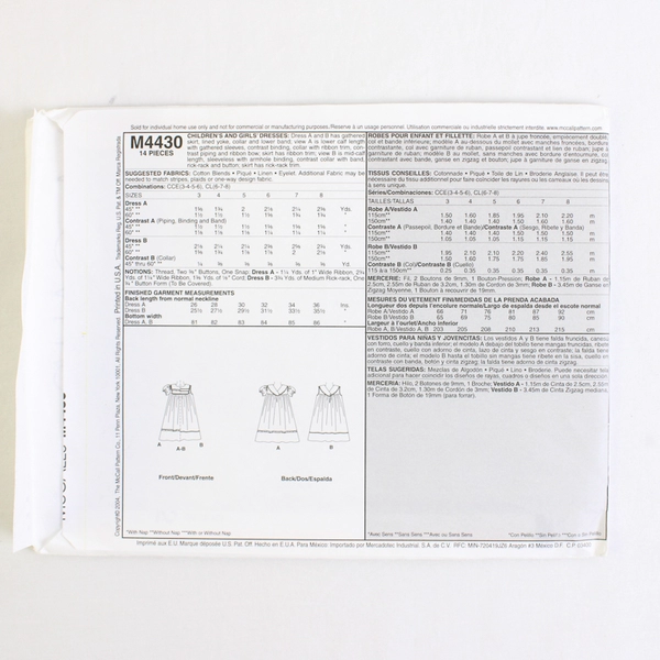 McCall's M4430 Dresses Patterns Childs/Girls Size CCE (3-4, 5-6) 2004