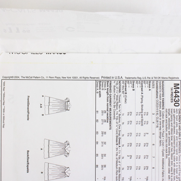 McCall's M4430 Dresses Patterns Childs/Girls Size CCE (3-4, 5-6) 2004