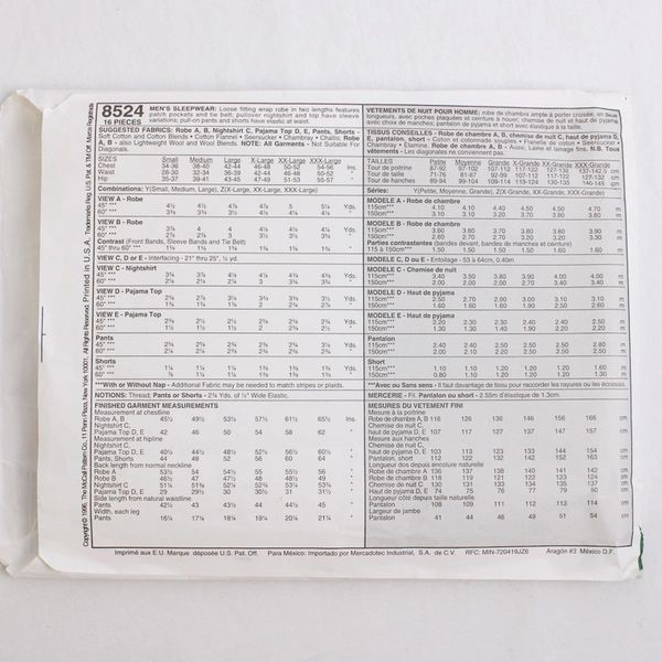 McCall's 8524 Sleepwear Patterns Men's Size Z (Xlg, Xxl, XXxl) 1996