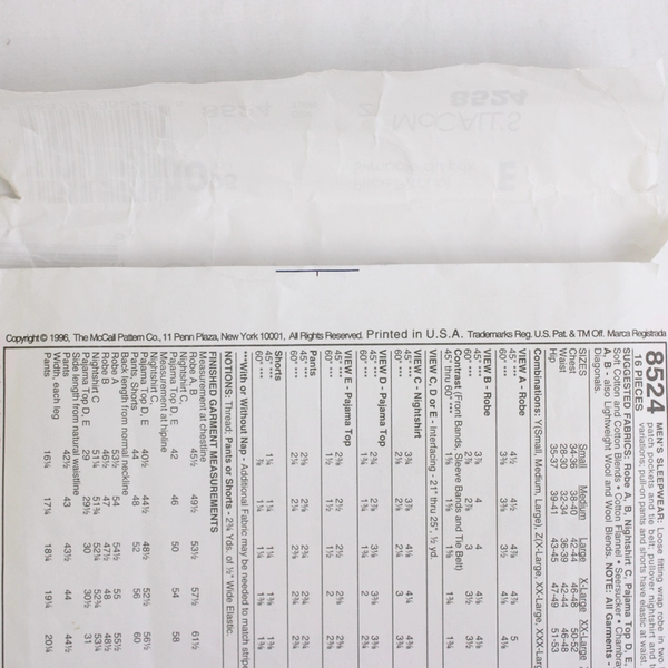 McCall's 8524 Sleepwear Patterns Men's Size Z (Xlg, Xxl, XXxl) 1996