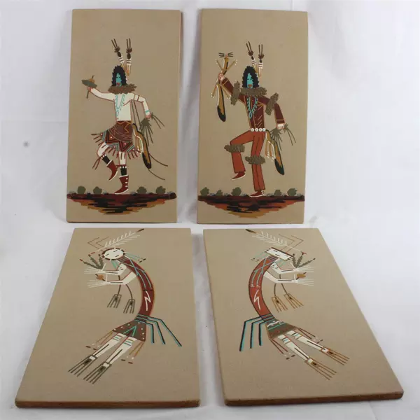 Set of 4 Vintage Navajo Sand Art Paintings 16x8 