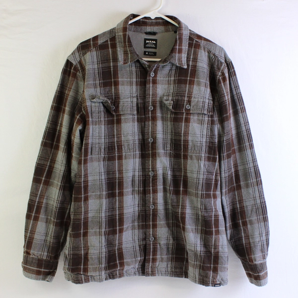 PrAna Men's M Standard Fit Double Lined Brown and Gray Plaid Flannel Sweater