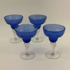 Set of 4 Hand Blown Cobalt Blue Margarita Glasses Bubbles Clear Bases 6.5"