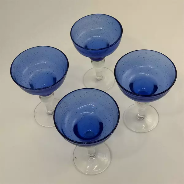 Set of 4 Hand Blown Cobalt Blue Margarita Glasses Bubbles Clear Bases 6.5"