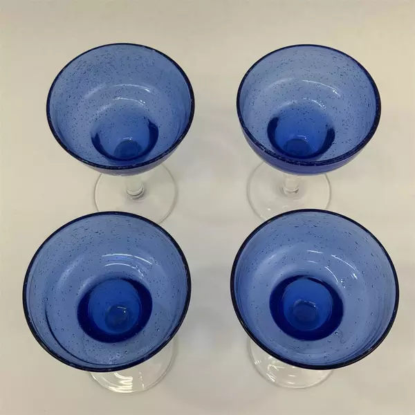Set of 4 Hand Blown Cobalt Blue Margarita Glasses Bubbles Clear Bases 6.5"