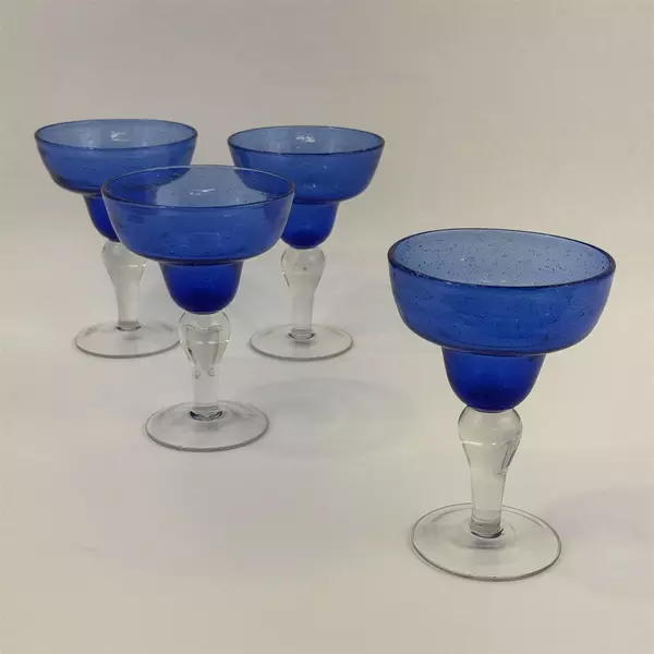 Set of 4 Hand Blown Cobalt Blue Margarita Glasses Bubbles Clear Bases 6.5"