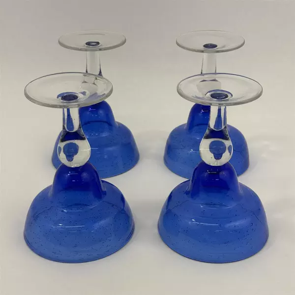 Set of 4 Hand Blown Cobalt Blue Margarita Glasses Bubbles Clear Bases 6.5"
