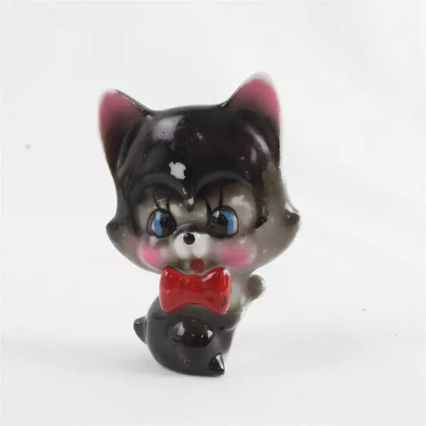 Vintage Redware Black Cat Figurine 2.5" Ceramic Collectible Paint Chip