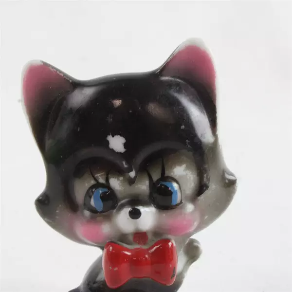 Vintage Redware Black Cat Figurine 2.5" Ceramic Collectible Paint Chip