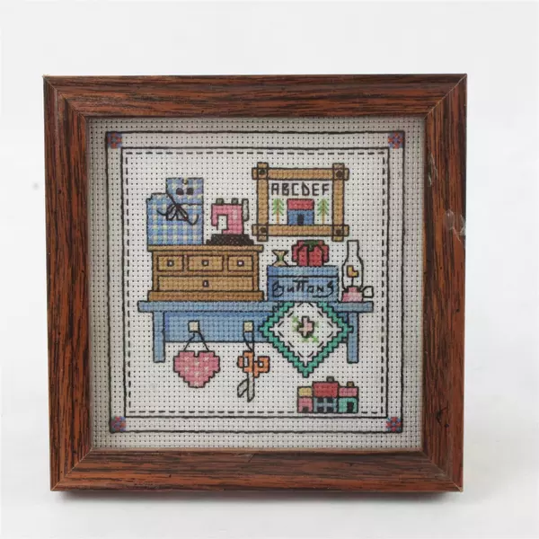 Vintage Framed Cross Stitch Picture Craft Room Wall Art 5.75" Square