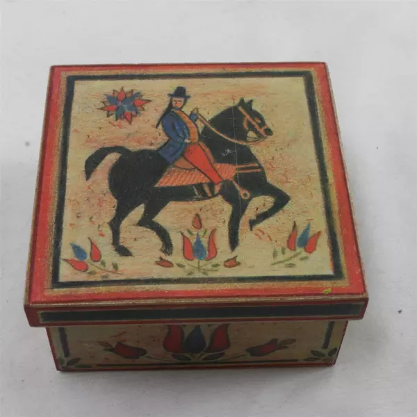 Vintage Hand-Painted Wooden Trinket Box Black Horse Rider Floral 4x4x2"
