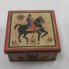 Vintage Hand-Painted Wooden Trinket Box Black Horse Rider Floral 4x4x2"