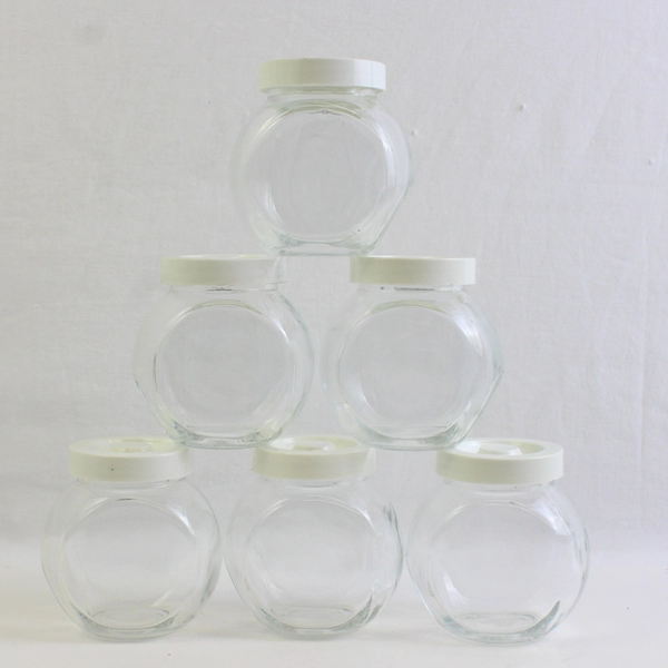 Lot of 6 Kig Malaysia Transparent Spice Jars with White Opaque Plastic Lids