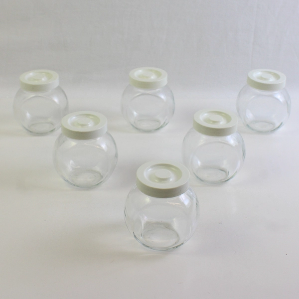 Lot of 6 Kig Malaysia Transparent Spice Jars with White Opaque Plastic Lids