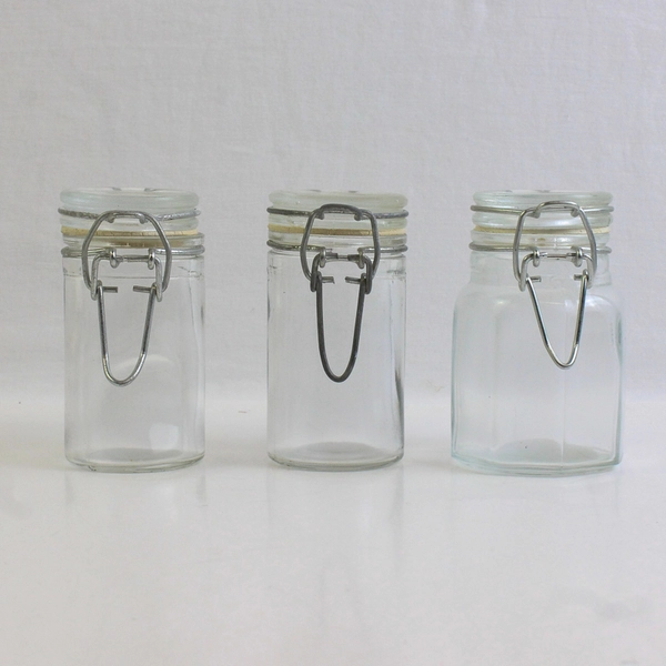 Lot of 3 Unbranded Small Vintage Jars with Wire Bail Hinged Glass Lid 3" Tall