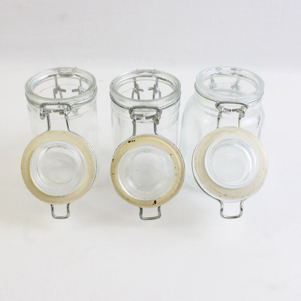 Lot of 3 Unbranded Small Vintage Jars with Wire Bail Hinged Glass Lid 3" Tall
