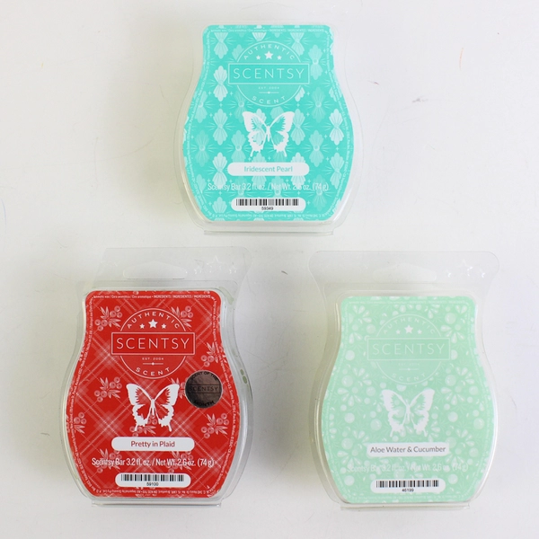 Lot Of 3 Authentic Scentsy Melts 2.6 Oz Iridescent Pearl, Aloe Cucumber, Plaid