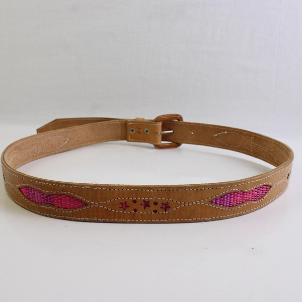 Unbranded Women's 38 Leather Belt with Pink Embroidered Cut-Outs