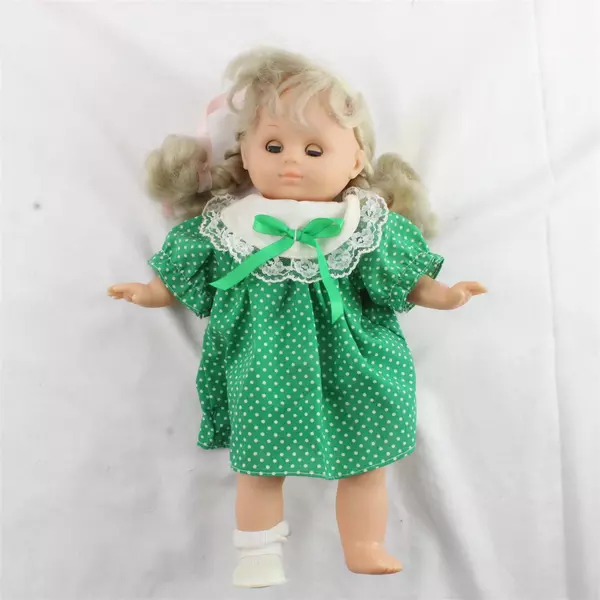 Vintage 13" Soft Body Baby Doll Blonde Braids Green Dress Missing Shoe Sock