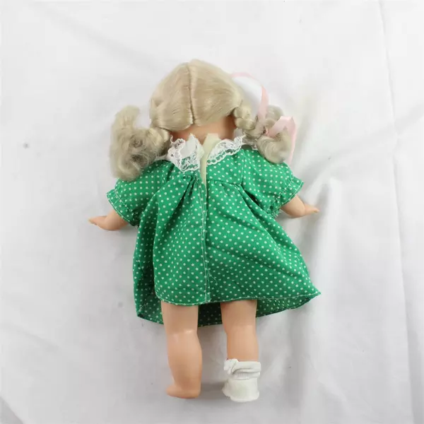 Vintage 13" Soft Body Baby Doll Blonde Braids Green Dress Missing Shoe Sock