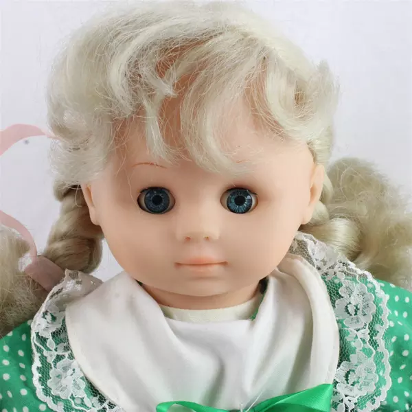 Vintage 13" Soft Body Baby Doll Blonde Braids Green Dress Missing Shoe Sock