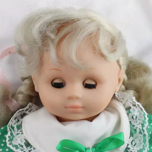Vintage 13" Soft Body Baby Doll Blonde Braids Green Dress Missing Shoe Sock