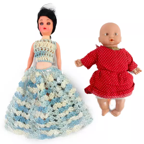 Lot of 2 Vintage Dolls 8" Plastic Doll in Crocheted Dress & 6.5" Baby