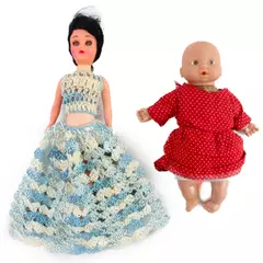 Lot of 2 Vintage Dolls 8" Plastic Doll in Crocheted Dress & 6.5" Baby