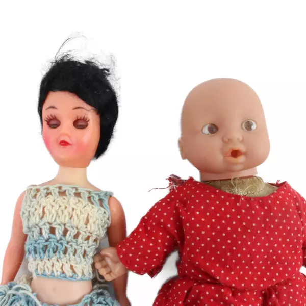 Lot of 2 Vintage Dolls 8" Plastic Doll in Crocheted Dress & 6.5" Baby