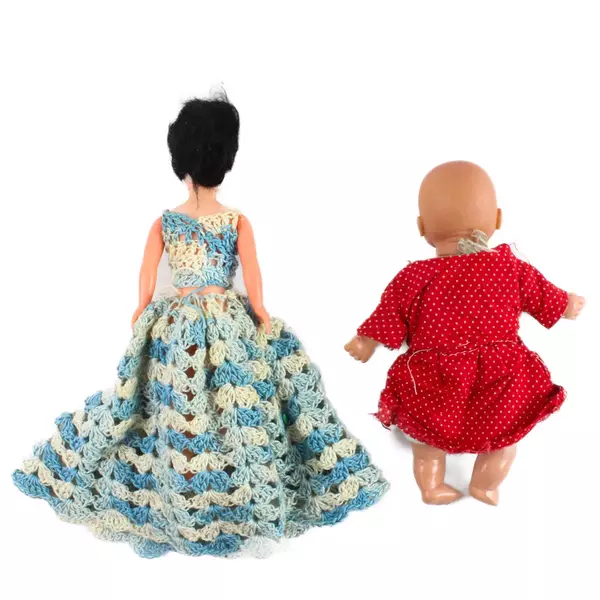 Lot of 2 Vintage Dolls 8" Plastic Doll in Crocheted Dress & 6.5" Baby