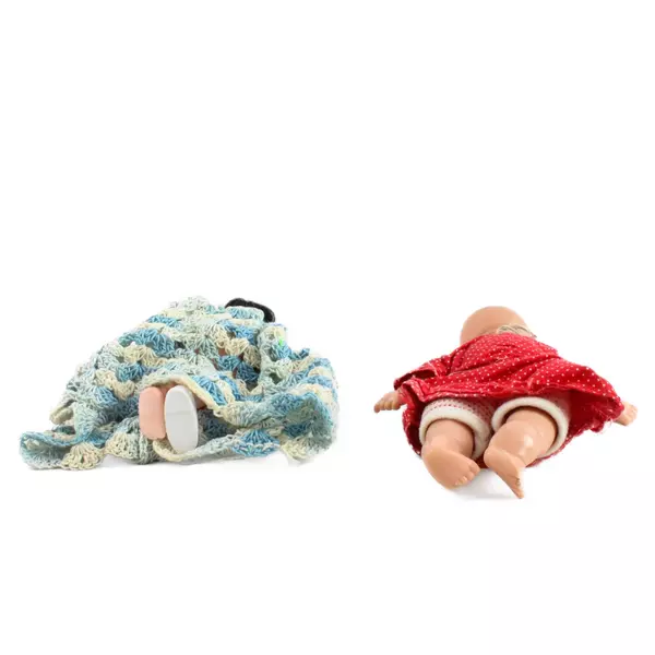 Lot of 2 Vintage Dolls 8" Plastic Doll in Crocheted Dress & 6.5" Baby