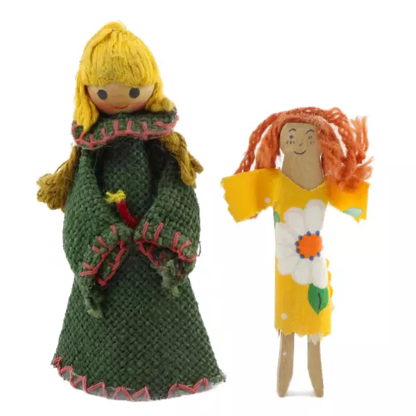 Lot of 2 Vintage Burlap Angel Doll & Clothespin Doll Small Decorative