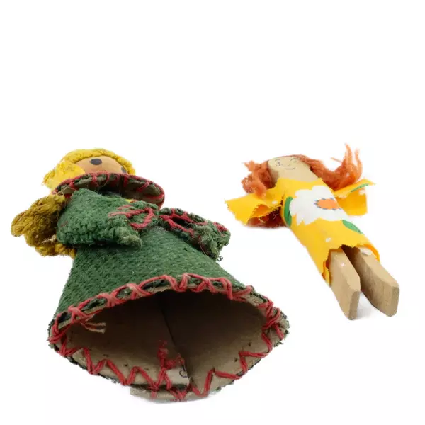 Lot of 2 Vintage Burlap Angel Doll & Clothespin Doll Small Decorative