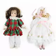 Lot of 2 8.25" Porcelain Dolls Red & Green Dress White Dress Soft Body