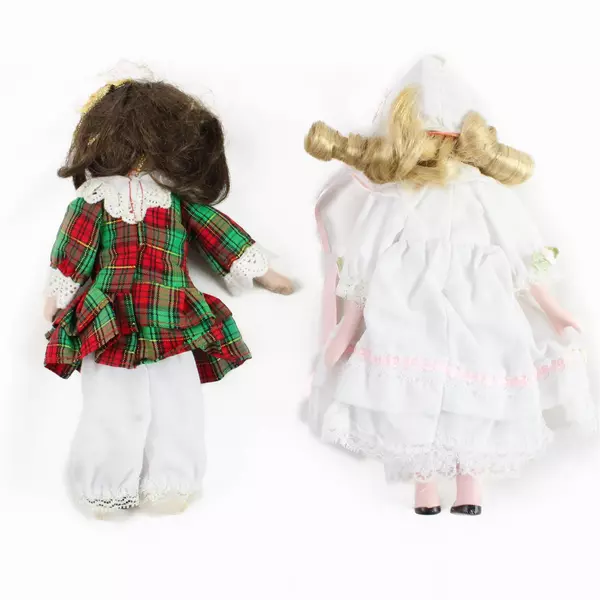 Lot of 2 8.25" Porcelain Dolls Red & Green Dress White Dress Soft Body