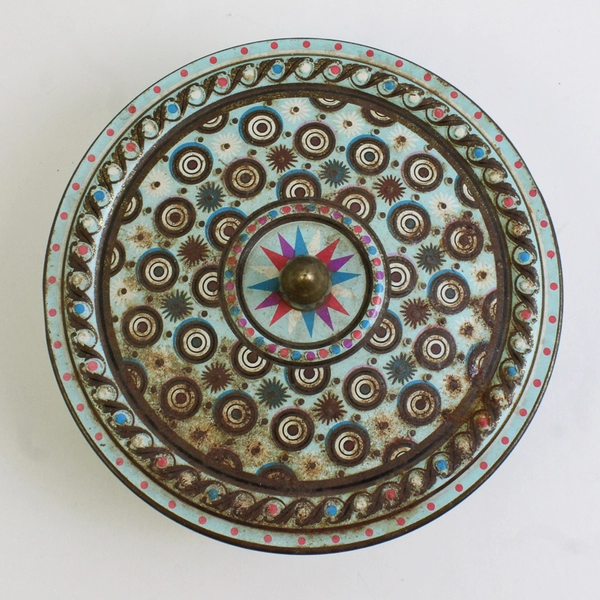 Antique Belgian 7" Biscuit Tin with Decorative Paint and Gold Interior