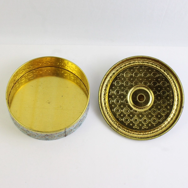 Antique Belgian 7" Biscuit Tin with Decorative Paint and Gold Interior