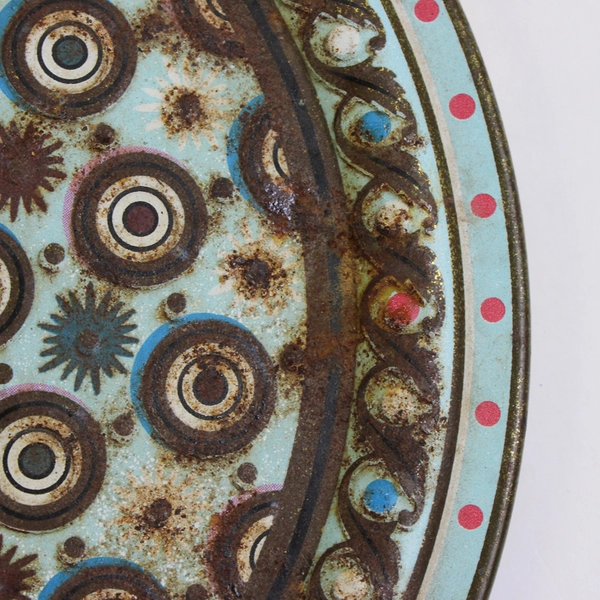 Antique Belgian 7" Biscuit Tin with Decorative Paint and Gold Interior