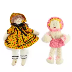 Lot of 2 Vintage Dolls Yarn Doll & Yellow Dress Doll 9" Folk Art