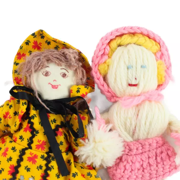 Lot of 2 Vintage Dolls Yarn Doll & Yellow Dress Doll 9" Folk Art
