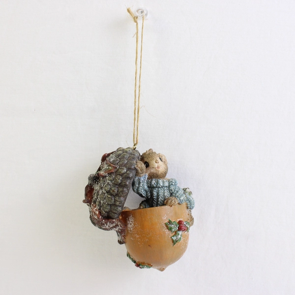 Vintage Mouse in Acorn Resin Christmas Ornament 4" FLAW
