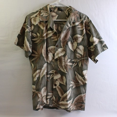 Palmwave Hawaii Shirt Men’s M Gray Tan Aloha Leaf Print Button Up 100% Cotton