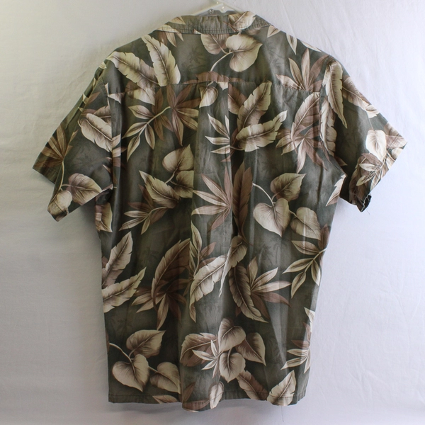 Palmwave Hawaii Shirt Men’s M Gray Tan Aloha Leaf Print Button Up 100% Cotton