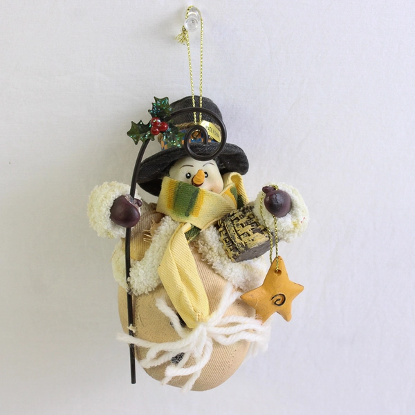 Folk Art Style Snowman with Cane and Star Christmas Ornament 5.5"