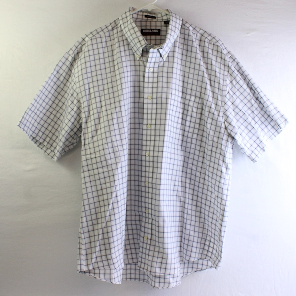 Kirkland Signature Men's XL White Checkered Short Sleeve Dress Shirt