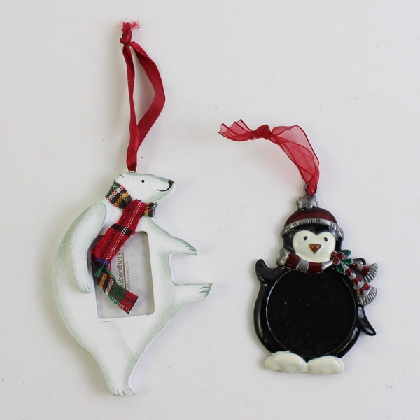 Lot of 2 Picture Frame Christmas Ornaments Polar Bear and Penguin
